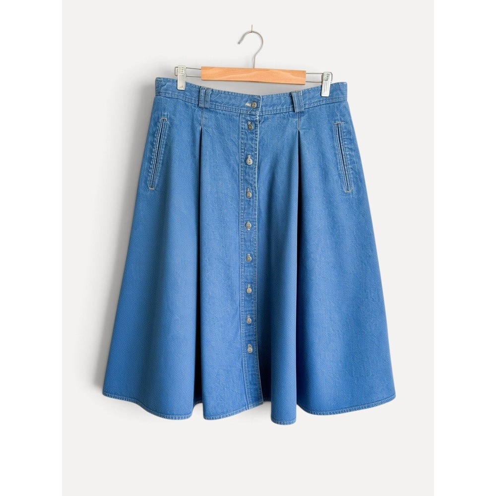 Koret City Blues Denim Midi Skirt Vintage A-Line Button Front 18 Blue Pleated